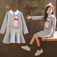 Осеннее платье для девочек коллекция года, осенний костюм принцессы с рисунком кота корейское зимнее платье с длинными рукавами для девочек-подростков, костюм для детей возрастом от 4 до 14 лет