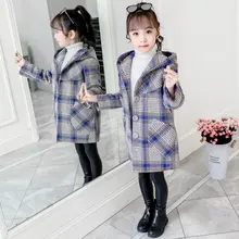 Детское шерстяное пальто в клетку для маленьких девочек, однобортное пальто с капюшоном для девочек, верхняя одежда, зимняя плотная теплая одежда, зимний комбинезон, От 4 до 13 лет