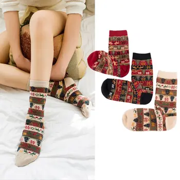 

3 Pairs Women Christmas Ethnic Crew Socks Elk Snowflake Stripes Print Hosiery