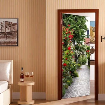 

77x200cm 3D Medieval Town Rose Landscape Door Sticker For Living Room Bedroom Renew Vinyl Mural Paper Waterproof Wallpaper Decor