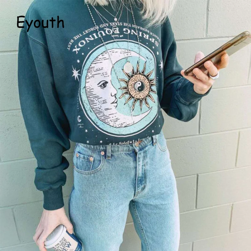 Vintage Sun Moon Huruf Cetak Hoodie 