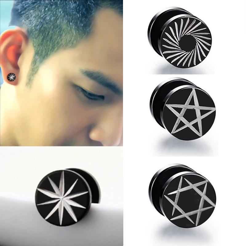 Женское и мужское кольцо для ушей, стильные панк серьги-гвоздики, 1 шт, новинка, гантели из нержавеющей стали, черные серьги для пирсинга, рок, круглые шестиконечные звезды