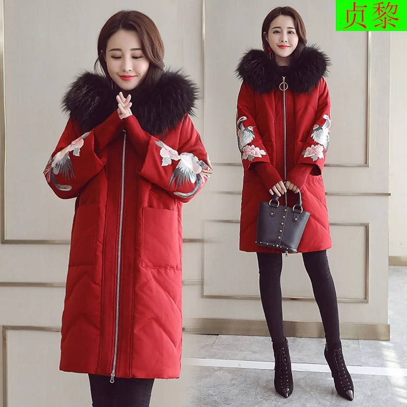 

2018 Winter New Style Retro Ethnic Chinese-style Marriage Bride Red down Jacket Cotton-padded Clothes Women's Mid-length Cotton
