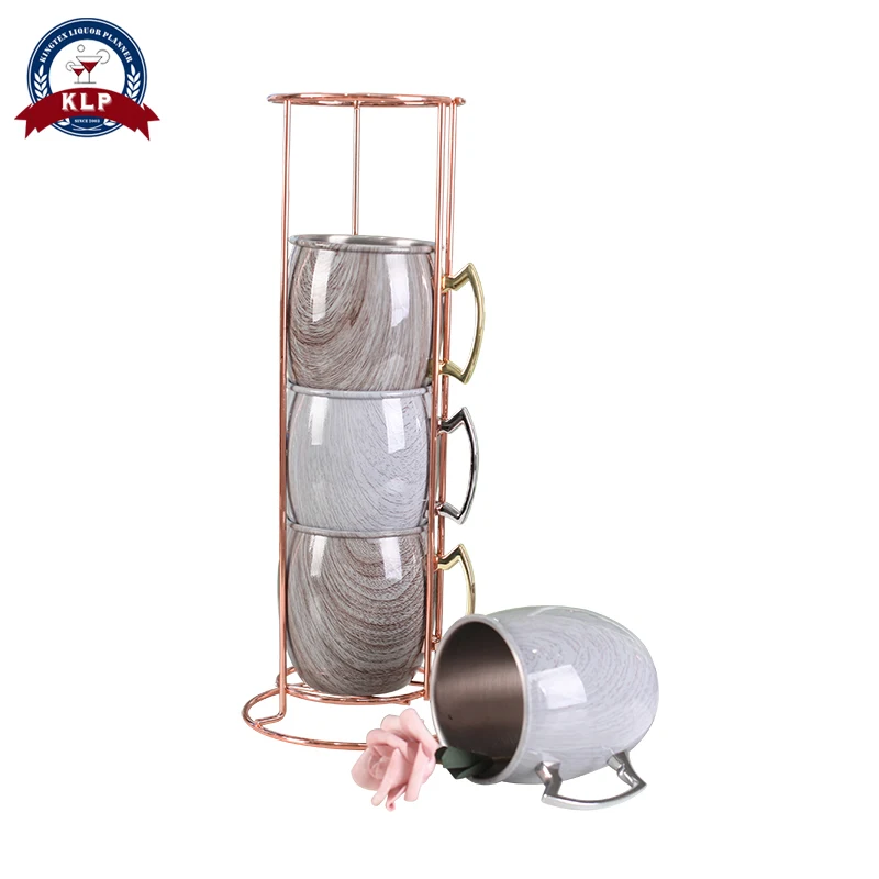 

Beautiful Copper Plated Bracket With Water Transfer Printing 4pieces Coffee Mug