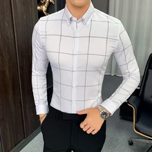 Высококачественная Мужская белая рубашка в клетку с длинным рукавом, приталенная рубашка, черная повседневная мужская деловая официальная Клетчатая блуза, весенняя