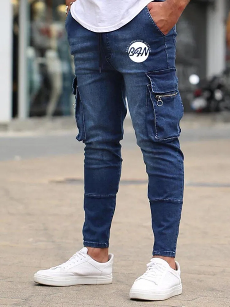 men casual cotton denim trousers multi pocket cargo jeans
