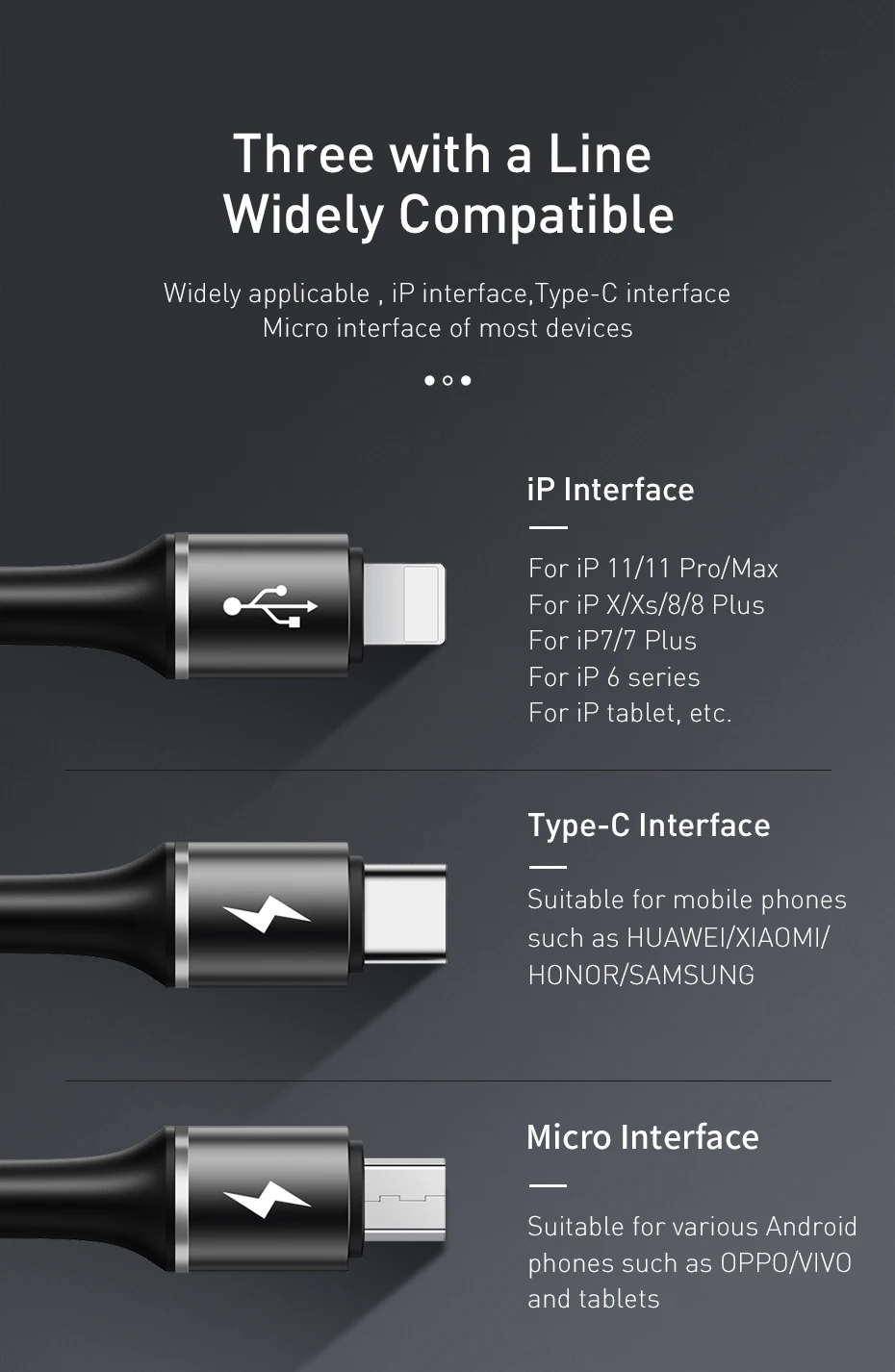 Baseus 3 в 1 USB кабель для iPhone светодиодный 3в1 мульти Micro usb type C кабель для samsung S10 мобильный телефон Быстрая зарядка зарядное устройство Шнур