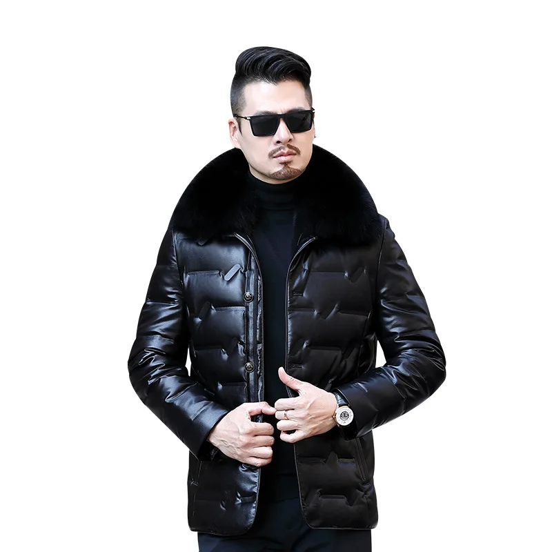 

Winter New Men Leather Jackets Sheepskin White Duck Down Lapel Middle-Aged Mid-Length Fox Fur Collar Leather Down Jacket 8936