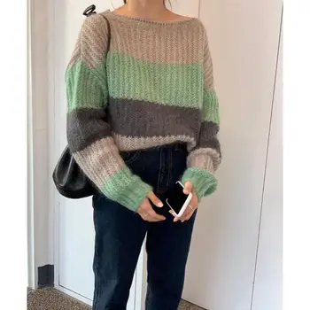 

Korea Women Chic Color Matching Stripe Warm Fashion Knit Pullover Loose-sleeve Sweater