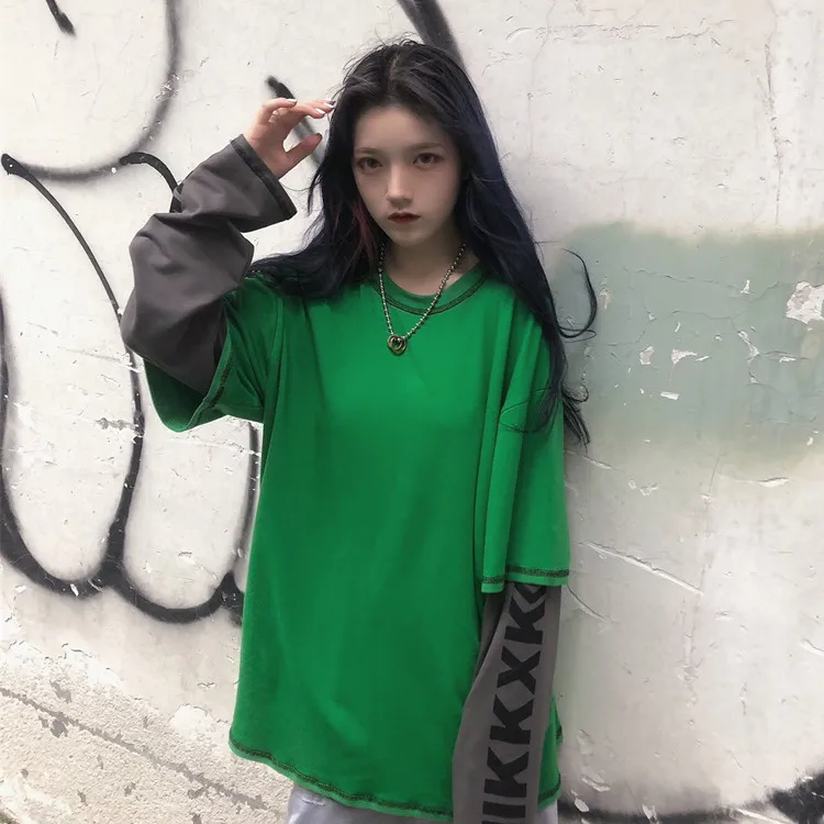 Woherb Harajuku поддельные 2 шт. футболки женские топы с принтом букв лоскутное Корейский Modis свободные весна осень леди футболка