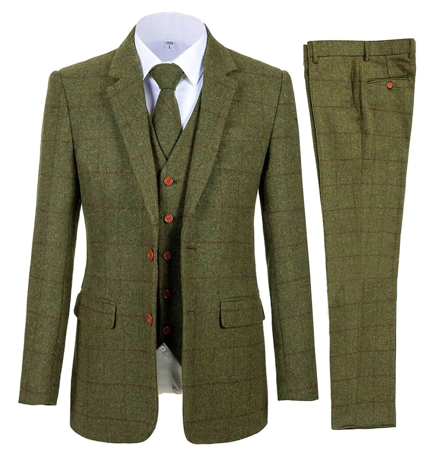

Men's 3 Piece Suits Bussiness Formal Notch Lapel Groomsmen Woolen Plaid Tuxedos for Party Activities Wedding (Blazer+Vest+Pant)