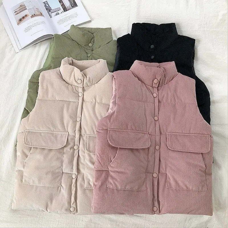 

Corduroy Jacket Vest Women Single Breasted Tank Sleeveless Turtleneck Coat Winter Wear Loose Slim Ribbing Jacket Clothing Top