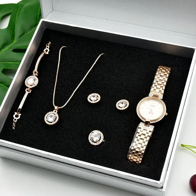 Rose gold G Женские кварцевые часы, набор, роскошный браслет из пяти частей, ожерелье, кольцо, серьги, подарок на день рождения, модный подарок на день Святого Валентина с коробкой - Цвет: Rose gold G