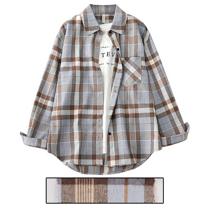 Muyogrt Women Shirt Plaid Oversized Brown Top Turn-down Collar Leisure Fashion Loose All-match Long Sleeves Soft Chic Korean Top
