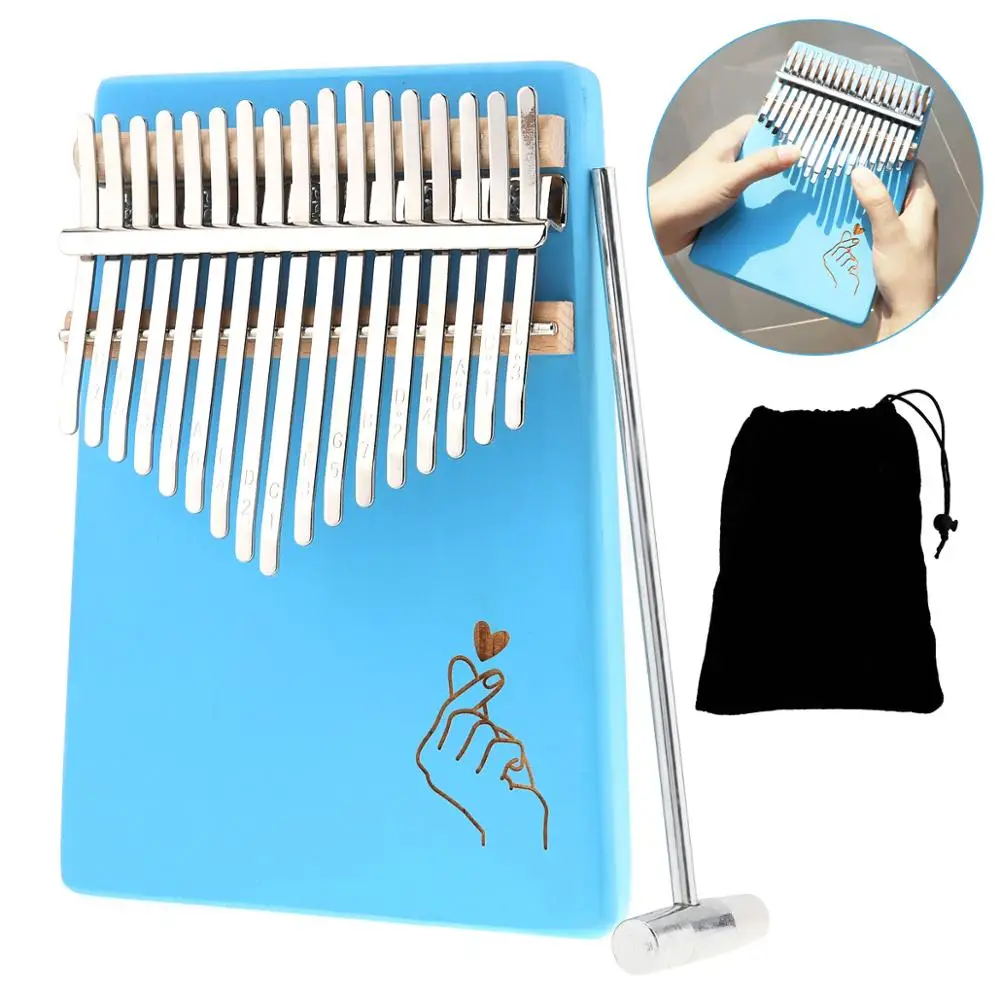 

17 Keys Thumb Piano Kalimba Blue Finger Heart Pattern Solid Single Board Pine Mbira Mini Keyboard Instrument With Tuning Hammer