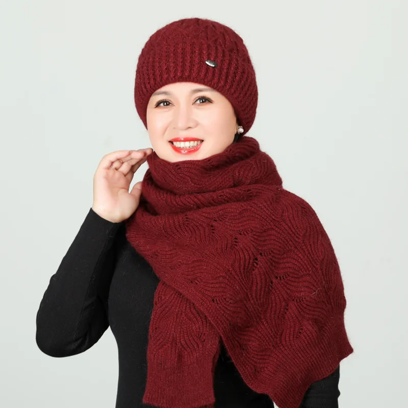 

Fisvds Women Winter Thick knitted Hat scarf Set Velvet Mother Caps Headgear Warm Beanies Women's Hats Wool Knitted Beanies