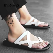 HYFMWZS/Индивидуальные сандалии; Новинка года; Летняя мужская обувь; кожаные шлепанцы; Повседневная обувь для отдыха; пляжная обувь на плоской подошве; цвет белый, синий; размеры 38-44