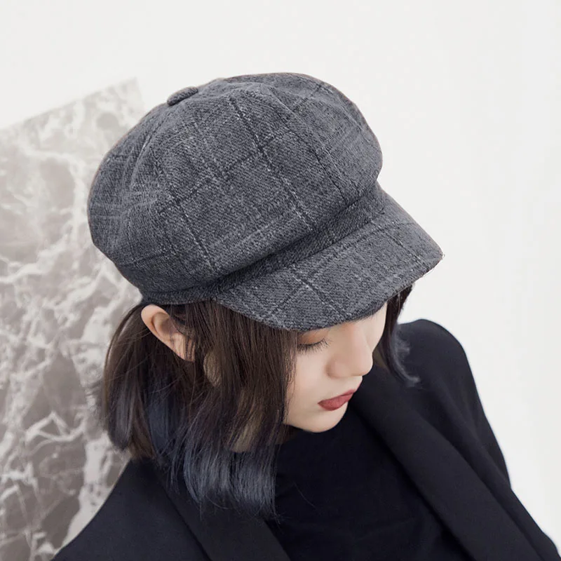 

Women Autumn Winter Berets Hat Plaid Tweed Wool Warm Octagonal Newsboy Cap Female Unisex Retro Painter Artist Hats