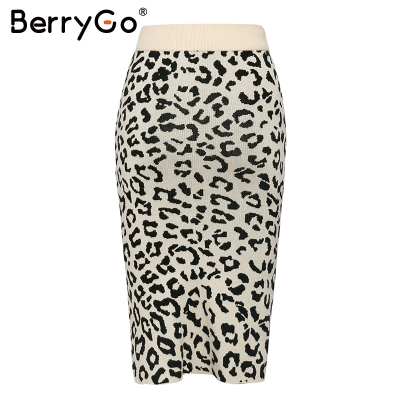 BerryGo, сексуальная трикотажная юбка с леопардовым принтом, Женская Осенняя, эластичная, высокая талия, миди, свитер, юбка, элегантная, с разрезом по бокам, Женская юбка для вечеринки