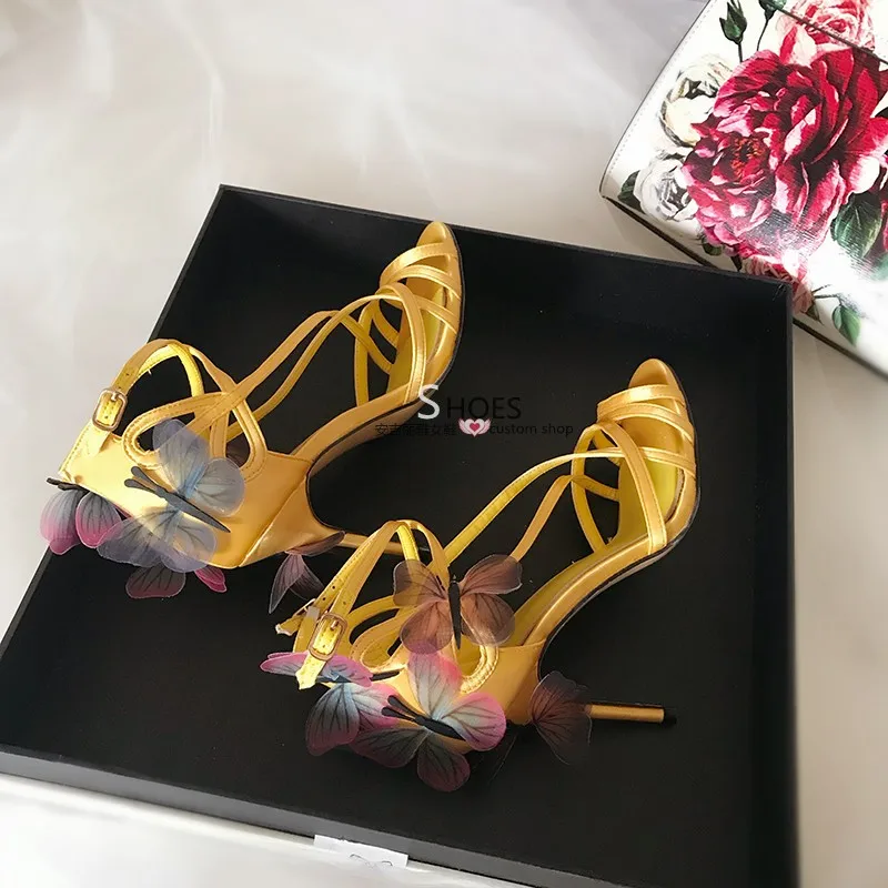 Butterfly Winding Dream Blue Fine-heeled Sandals Ribbon Flowers High-heeled Shoes Large Size Foreign Trade Women's Shoes