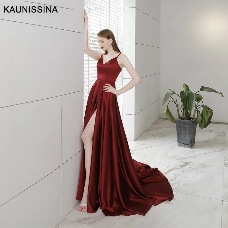 KAUNISSINA Vestido, красные длинные платья для выпускного вечера, сексуальные платья с высоким разрезом, глубоким v-образным вырезом, на бретелях, без рукавов, вечернее платье, а-силуэт, атласные вечерние платья