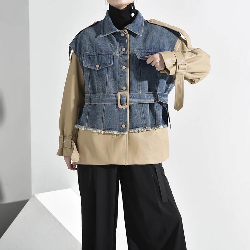 [EAM] джинсовая куртка свободного кроя цвета хаки, большой размер, новинка, с отворотом, длинный рукав, Женское пальто, модное, Осень-зима, 1K9220