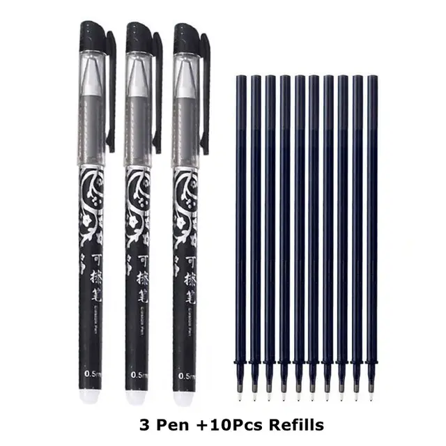 Erasable Pen Set 0.5mm Needle Bullet Tip Gel Ink Pens Refills Rods write erase Washable Handle for School Office Supplies 3 pen 10 refills C