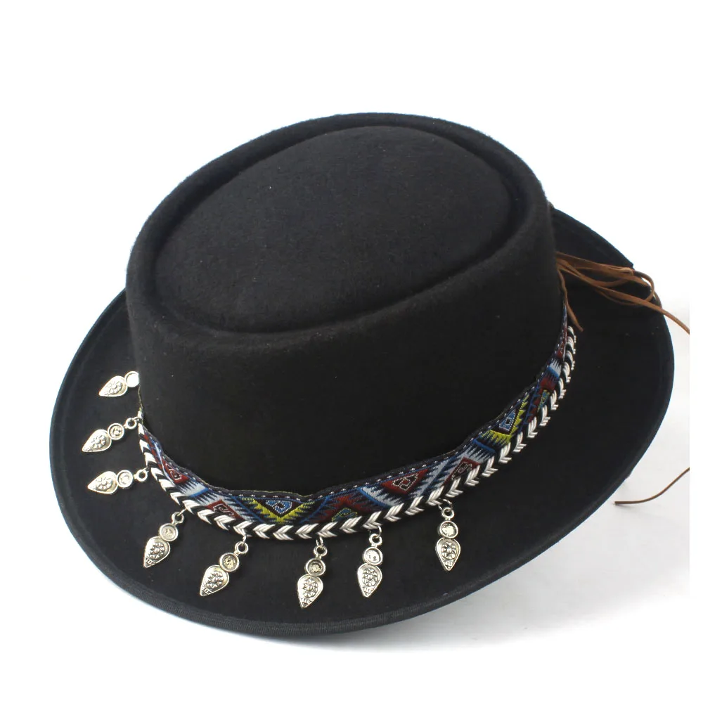 Мужская и женская шляпа-пирожок с бахрома на ленте мягкая фетровая шляпа для путешествий на открытом воздухе повседневная фетровая шляпа Женская плоская шляпа размер 58 см - Цвет: Black