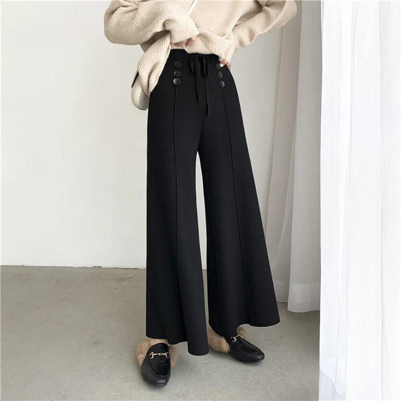 BGTEEVER Winter Buttons Lace-up Knitted Pants Women High Waist Women Sweater Pants Casual Loose Knitting Trousers Female