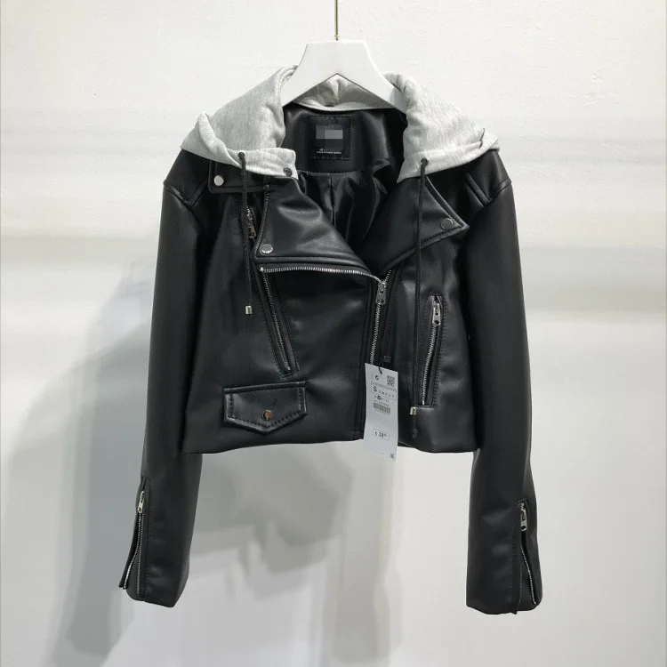 

Sg23 19 Spring New Style Women's Elegant Slim Fit Short Versatile Hooded Deconstructable Leather Jacket