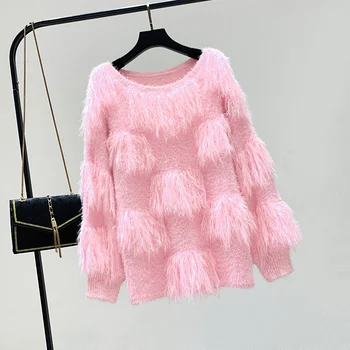

2020 Autumn and Winter New Temperament Tassel Sweater Round-collar Loose Lazy Sweater Woman Pullover Sweter Jumper Pinkwhite