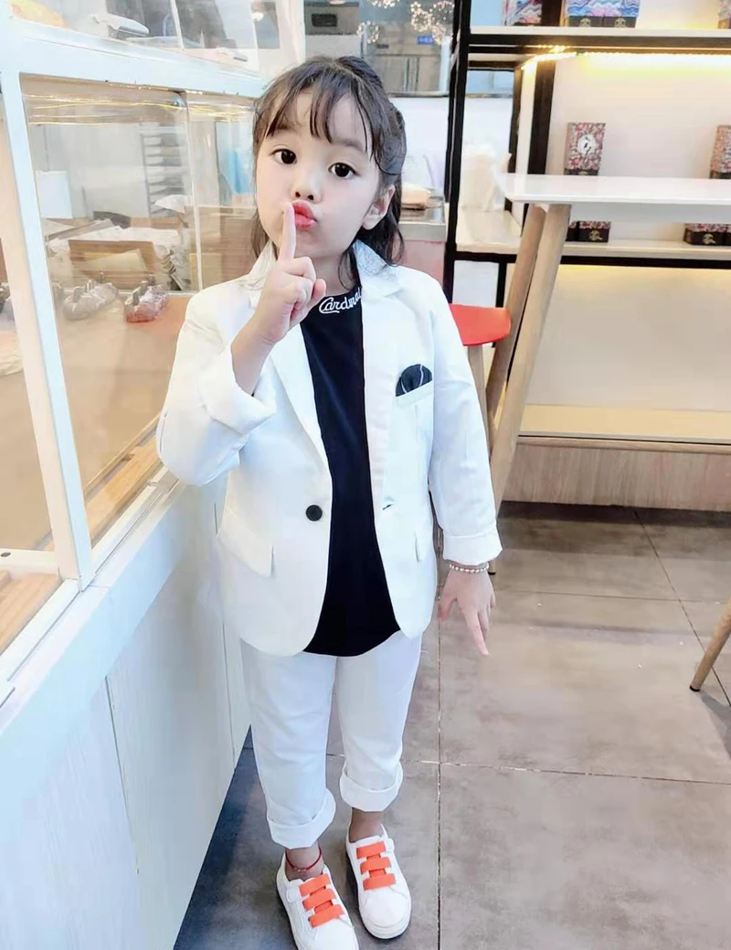 

2021 Girls White Wedding Suit Kids Jacket+Vest+Pants 3Pcs baptism Tuxedo Clothing Set Children Graduation Party Costume