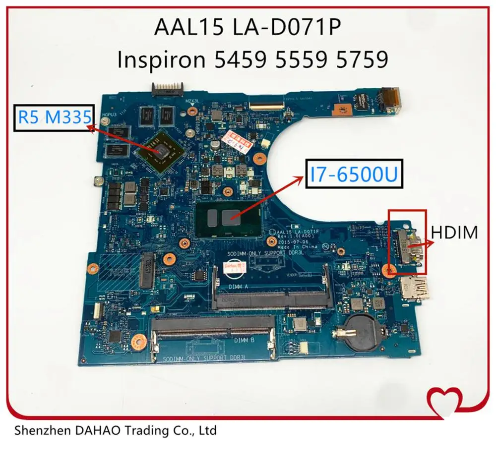 Для DELL Inspiron 5459 5759 15 5559 I7-6500U материнская плата для ноутбука с R5 M335 GPU CN-0F1J0W 0F1J0W AAL15