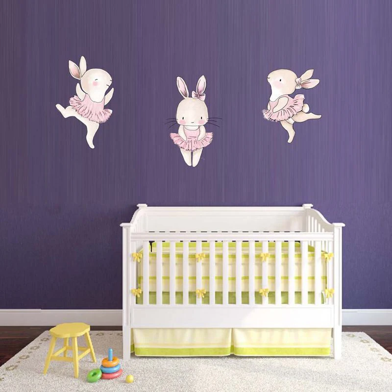 3pcs Dancing Rabbits Wall Stickers for Girls Baby Kids Room Wall Decor 