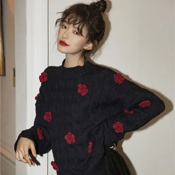 

iMucci 2020 New Spring Round Collar Full Sleeves Knitting Pullover Split Joint Flowers Loose Big Size Women Sweater TM1468