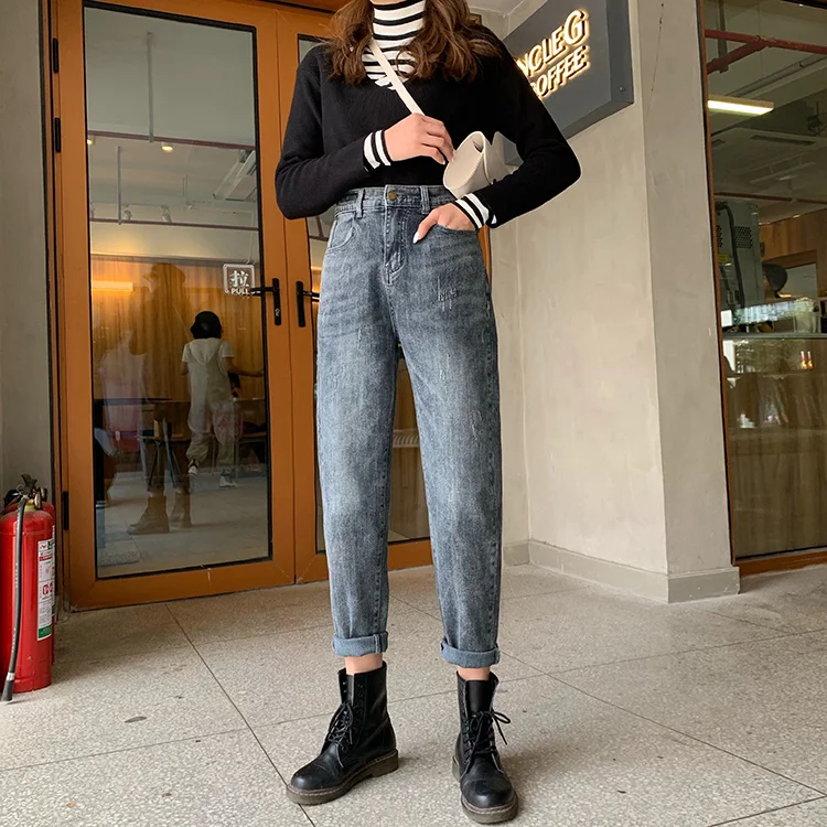 Jeans Women Plus Velvet Retro Basic High Waisted Female Vintage Loose Straight Womens Trousers Casual Thicken Novelty Simple