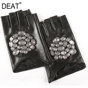 

DEAT Fashion 2020 Rhinestone Inlay Fingerless Leather Gloves Casual Hot Sale Trendy High Quality Autumn Women All-mathch BE489
