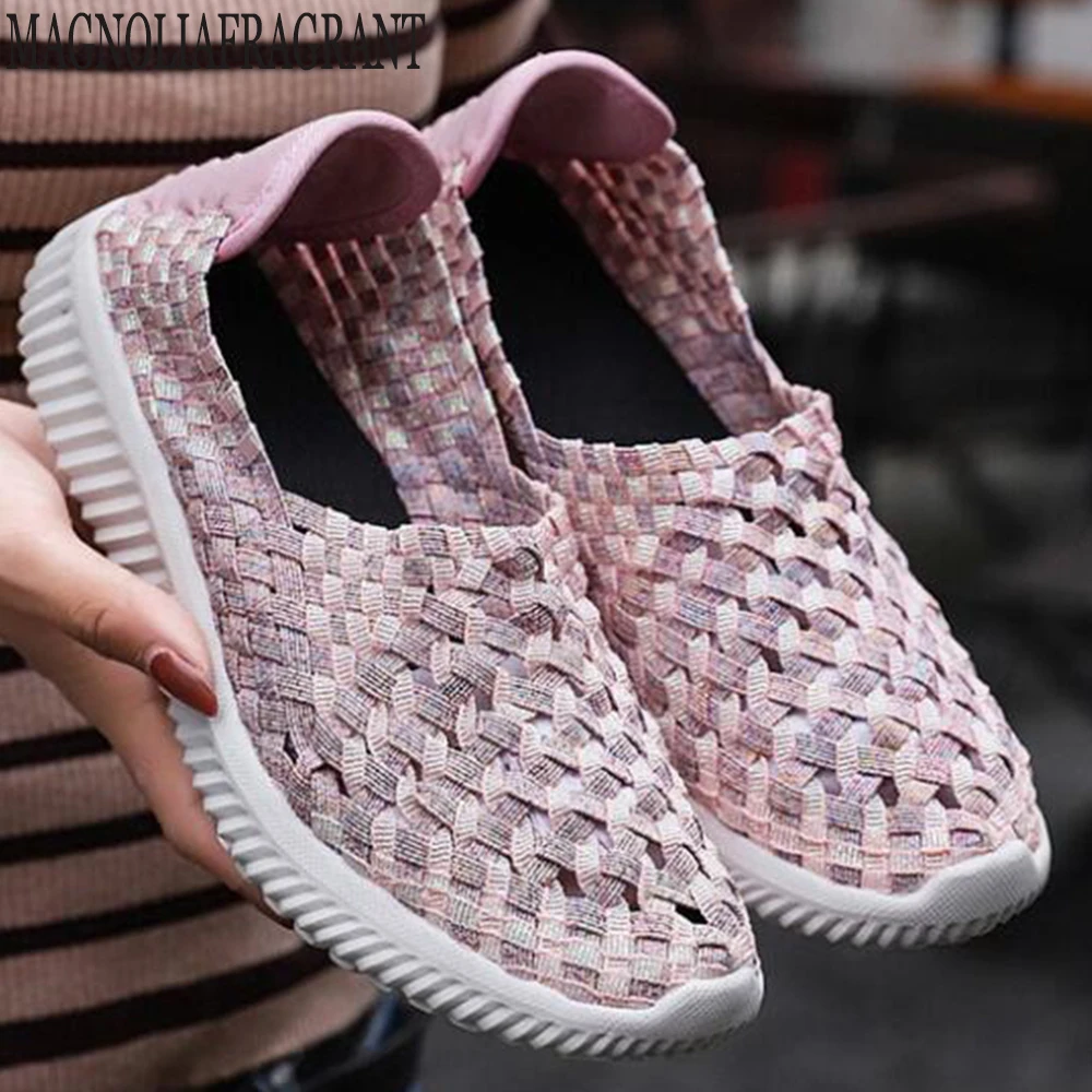

new hollow fabric shoes female flying net air movement hand weaving increased thick shoes elastic woven belt sport shoes hy199