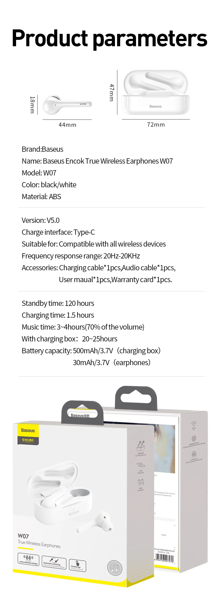 Baseus W07 TWS Bluetooth наушники, беспроводные наушники Bluetooth 5,0, стерео наушники, гарнитура, зарядная коробка, Fone De Ouvido