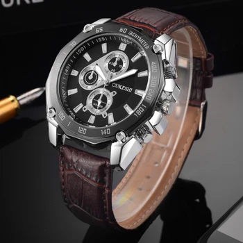 

OUKESHI Men Watch Luxury Brand Fashion Sports Quartz Watches Leather 30M Waterproof Chronograph Watch Business Wrist Watch