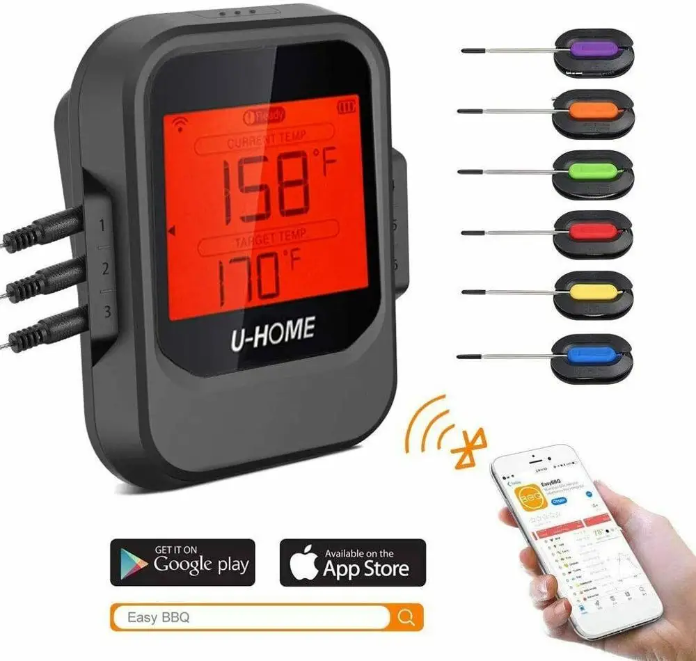 

BBQ Meat Thermometer, Bluetooth Grilling Cooking Thermometer with 6 Probes, APP Wireless Remote LCD Display Digital Thermometer