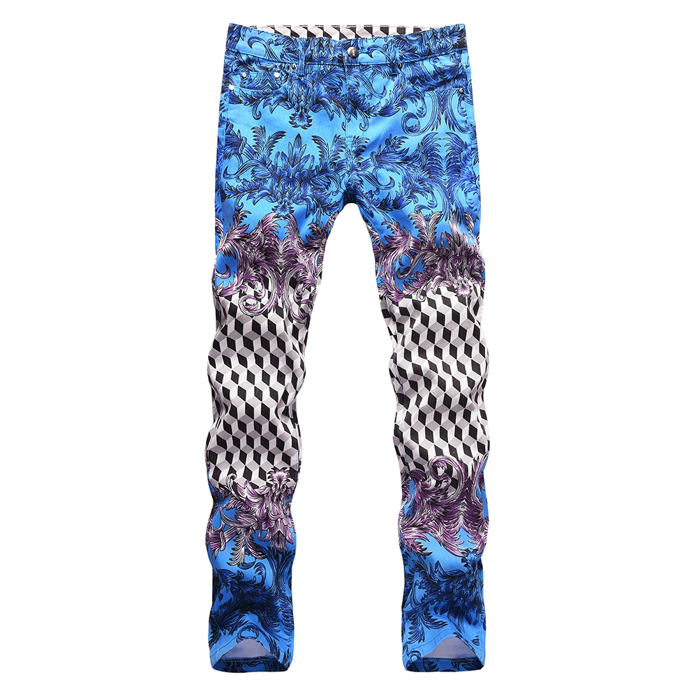 Mens Print Jeans Fashion Plaid Colored Painted Slim Straight Pants Trousers