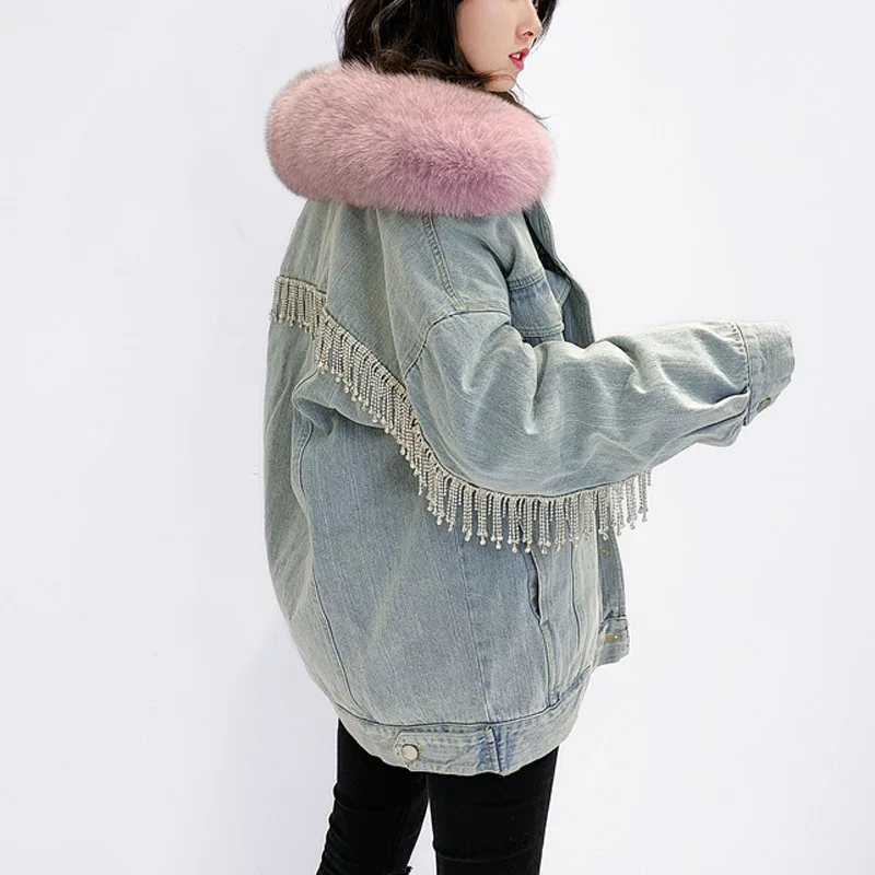 

women coat winter 2019 new arrival outerwear natural real fox fur lining and collar parka thick warm Set auger Denim Jean jacket