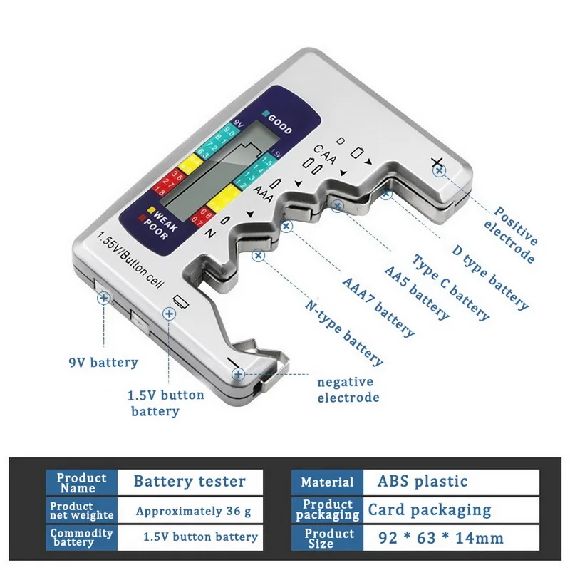 

Digital Battery Tester Battery Capacitance Diagnostic Tool LCD Display Check AAA AA 9V/1.5V Universal battery tester