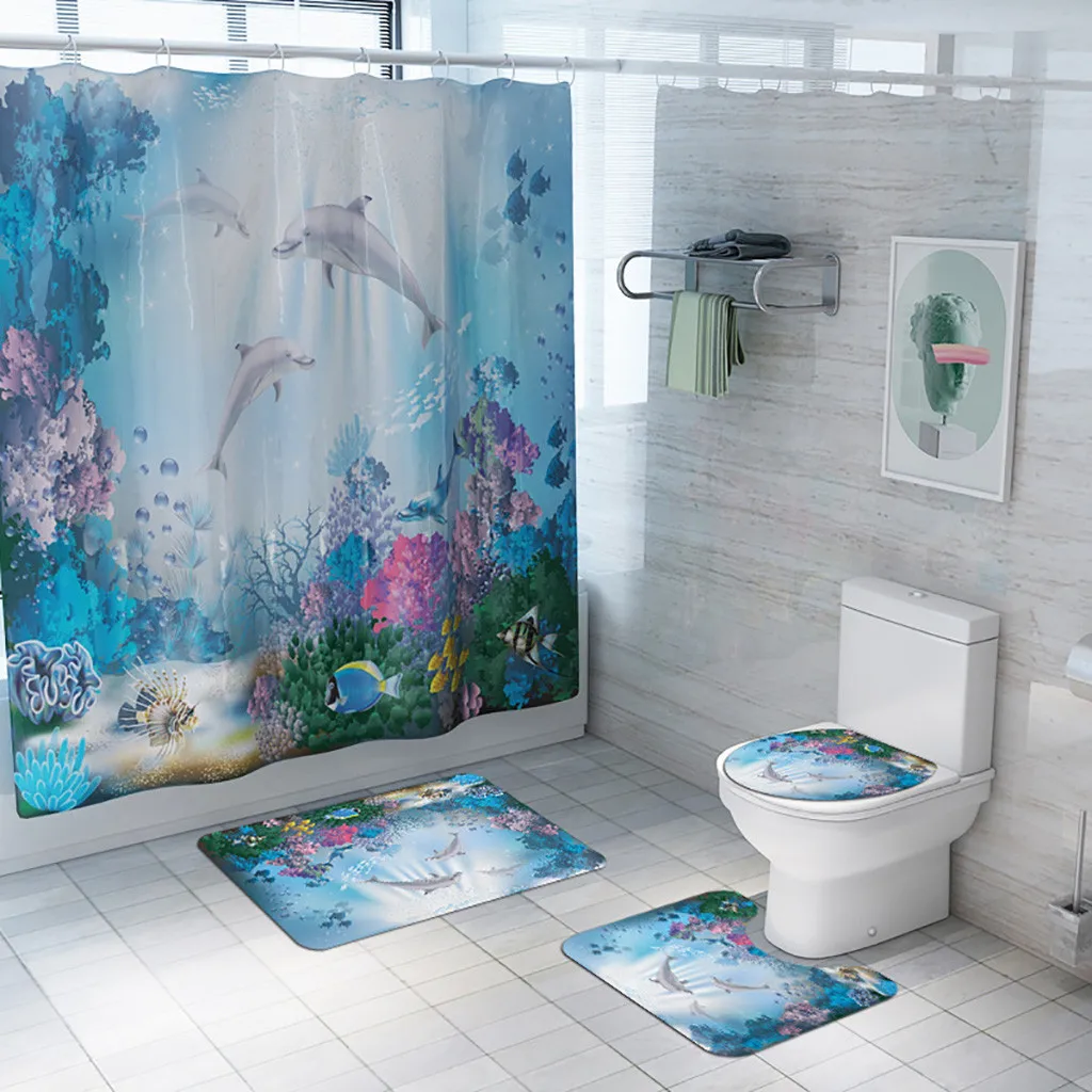 

4Pcs Set Bathroom Non Slip Toilet Polyester Cover Mat Set Bathroom Shower Curtain Mat Set For Bathroom Decor Bathroom Curtains