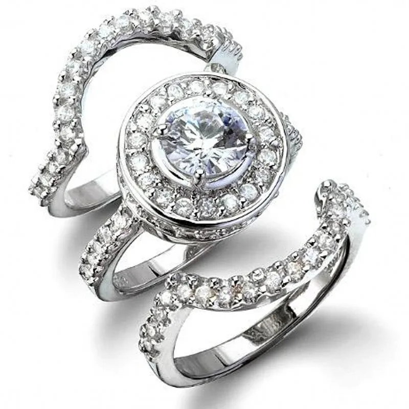 

Fashion pave Diamond Rings finger Set 3-in-1 Handmade 10KT white gold Engagement Wedding Bride couple rings for Women Jewelry