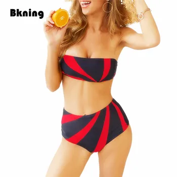 

2020 New Bikini Set Woman Bandeau Swimsuit Off Shoulder Swimwear Women Sexy Striped Bikini Beachwear High Waist Bikini Feminino