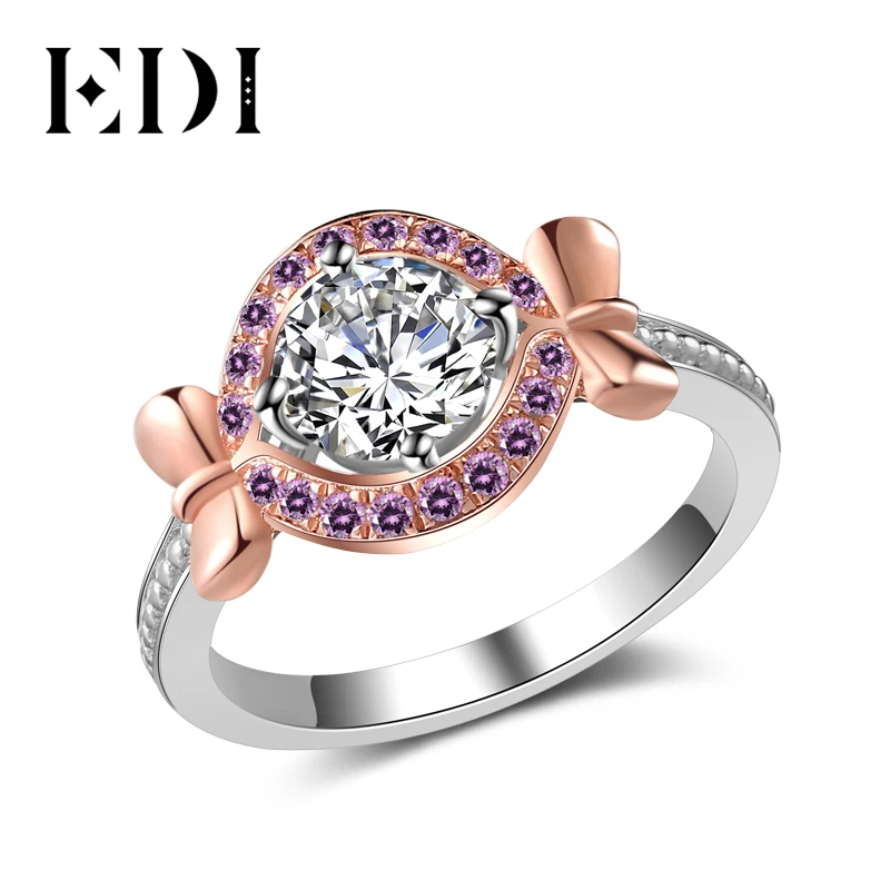 EDI романтическое 14k розовое Белое золото круглое кольцо с алмазом Moissanite