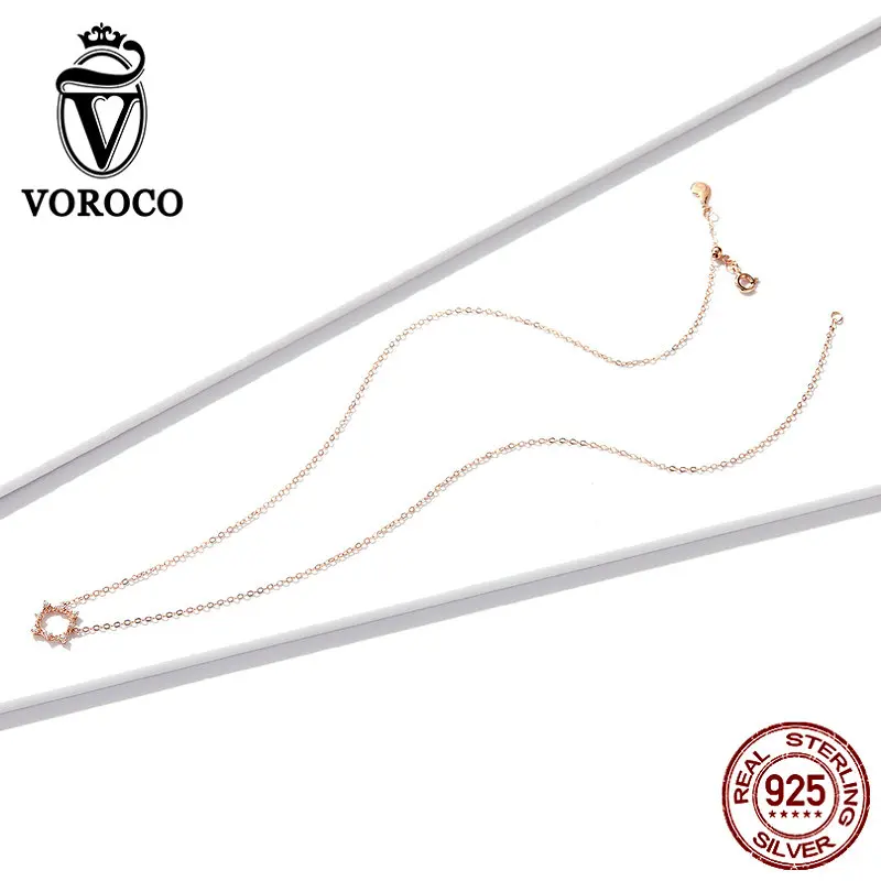 VOROCO BNN153, настоящее 925 пробы, Серебряная роза, Золотая подвеска, ожерелье, сияющая Геометрическая круглая цепочка колье, хорошее ювелирное изделие для свадьбы