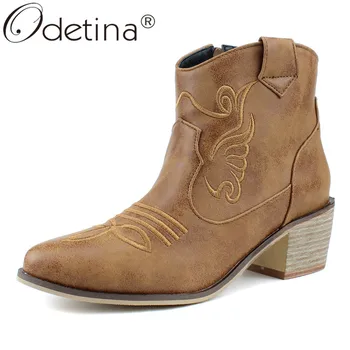 

Odetina Women Chunky Block Mid Heel Cowgirl Booties Side Zipper Comfort Round Toe Ladies Cowboy Western Ankle Boots Plus Size 46